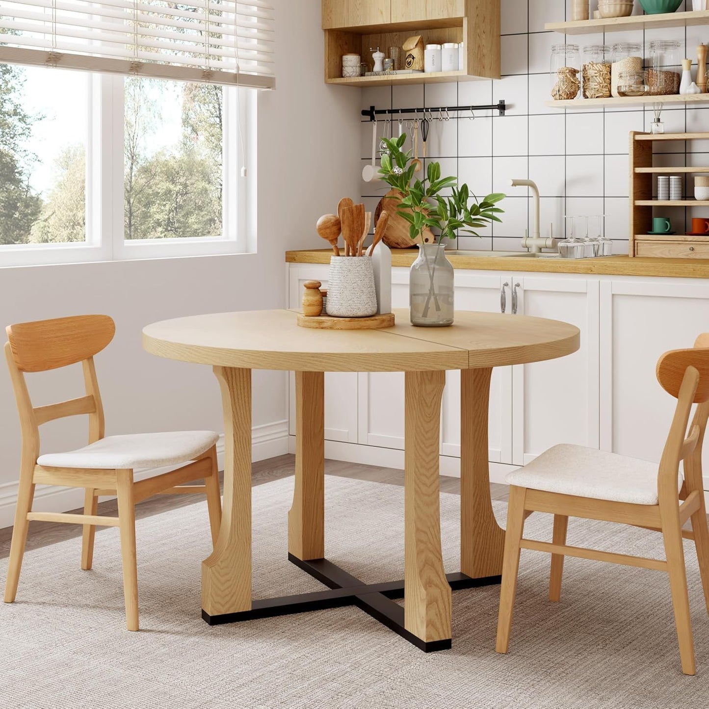 47" Round Dining Table for 4-6, Farmhouse Wood Circular Kitchen Tables, Dark Brown Retro Circle Dinner Table Easy Assembly