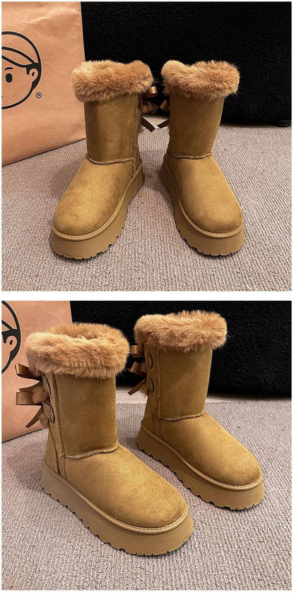 2024 Winter New Thick-soled Mid-tube Snow Boots Bow Furry Mouth Plus Fluffy Thick Cotton Boots Casual Everything