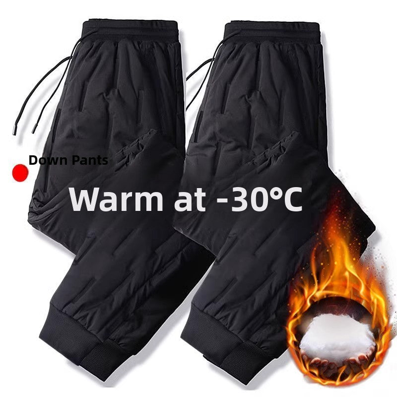 Calças de algodão masculinas de inverno com enchimento de penas, corta-vento, quentes, folgadas, tamanho grande, uso externo, resistentes ao desgaste, à prova de sujeira, térmicas