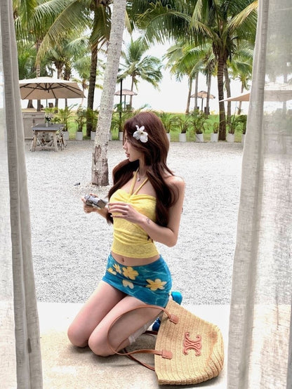 French Drawstring Blue Floral Tube Top Women Separate Swimwear Set Coastal Summer Vacation Beach Holiday Swimsuit for Girl