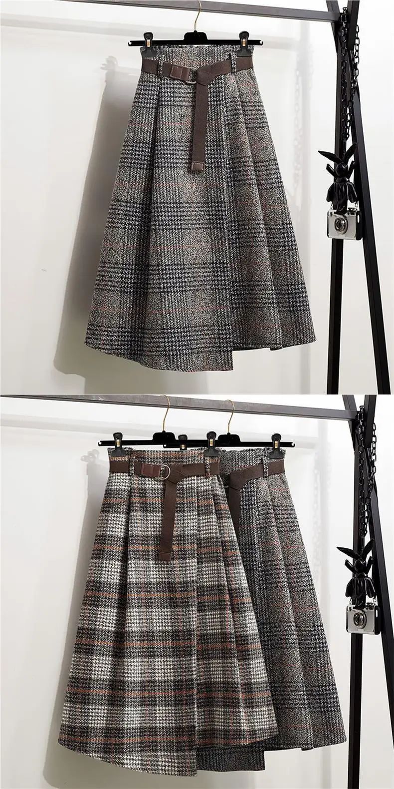 WoolenPlaid Irregular Large-Length Skirt New Spring-Autumn Vintage High-Waisted Slimming Medium-Length Women's Skirt