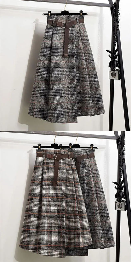 WoolenPlaid Irregular Large-Length Skirt New Spring-Autumn Vintage High-Waisted Slimming Medium-Length Women's Skirt