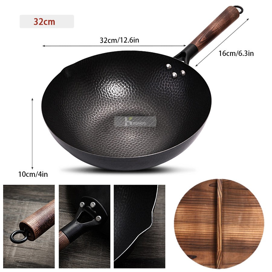 Panela Wok de Ferro Puro Konco, Panela de Ferro Fundido Antiaderente, Uso Geral para Fogão a Gás e Indução 32cm