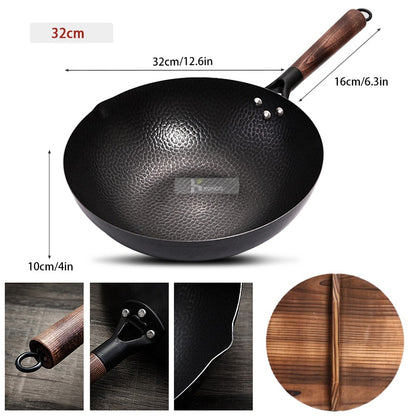 Panela Wok de Ferro Puro Konco, Panela de Ferro Fundido Antiaderente, Uso Geral para Fogão a Gás e Indução 32cm