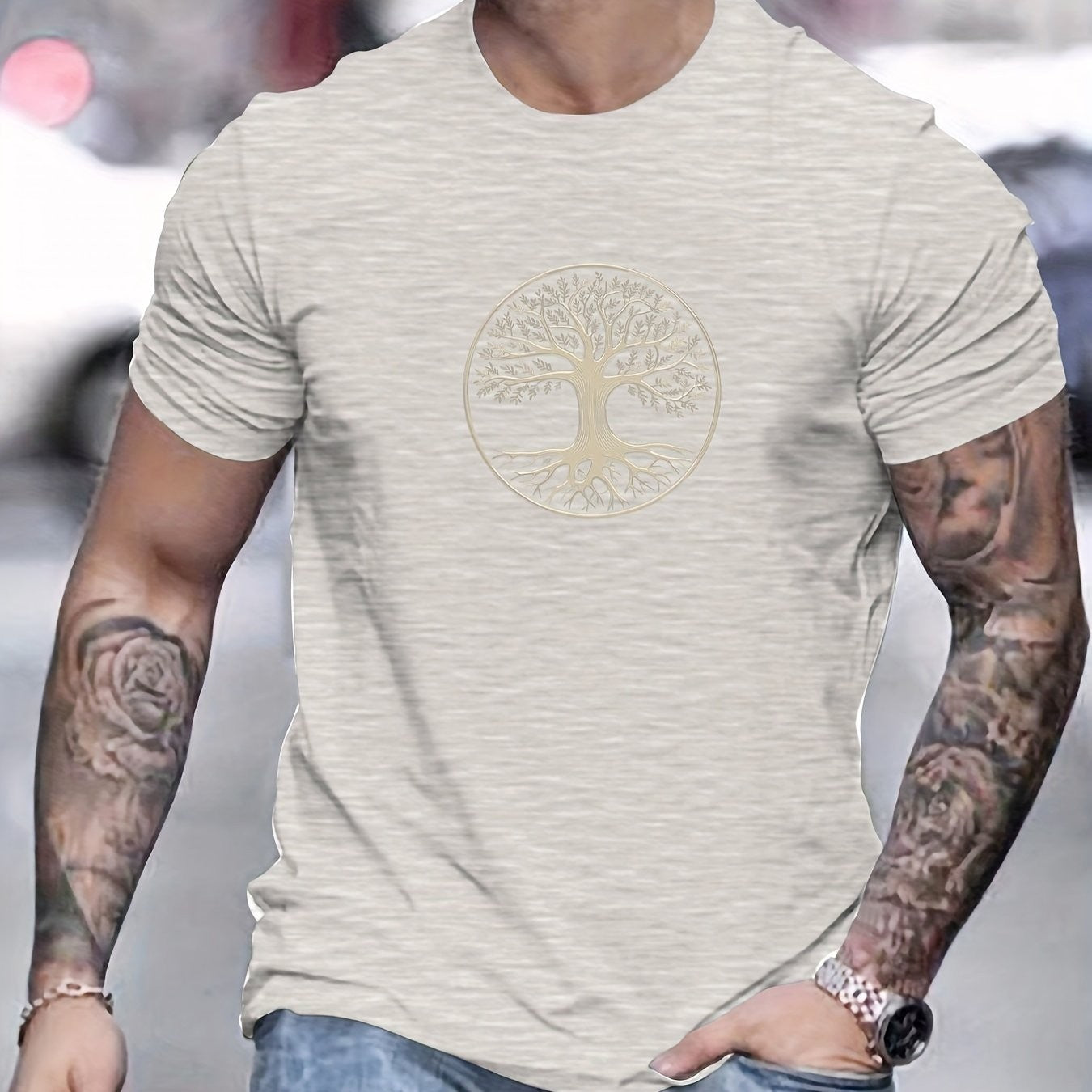 Men's summer 100% pure cotton fashionable casual sports wide pine pattern printed sports round neck short sleeved T-shirt top