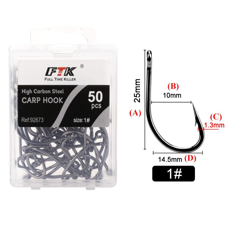 FTK 50 Unidades/Caixa Anzol de Pesca com Mosca de Aço de Alto Carbono Anzol Afiado com Farpa Anzol Curvo com Abertura Larga Reforçado para Pesca de Carpa em Córregos
