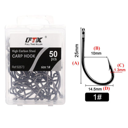 FTK 50 Unidades/Caixa Anzol de Pesca com Mosca de Aço de Alto Carbono Anzol Afiado com Farpa Anzol Curvo com Abertura Larga Reforçado para Pesca de Carpa em Córregos