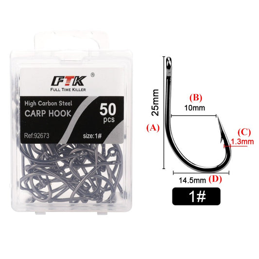FTK 50 Unidades/Caixa Anzol de Pesca com Mosca de Aço de Alto Carbono Anzol Afiado com Farpa Anzol Curvo com Abertura Larga Reforçado para Pesca de Carpa em Córregos