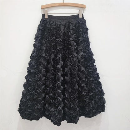 3D Flowers Women Skirts Autumn Winter Solid A-line Vintage Faldas Mujer Korean Fashion Hyperbole Elegant Long Skirt JJ1746