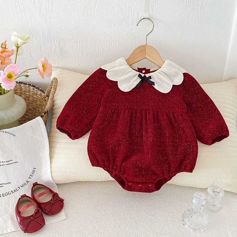 Newborn Christmas Red Clothes Autumn Kids Baby Girls Sweet Petal Collar Princess Rompers Infant New Baby Girls Rompers Clothes