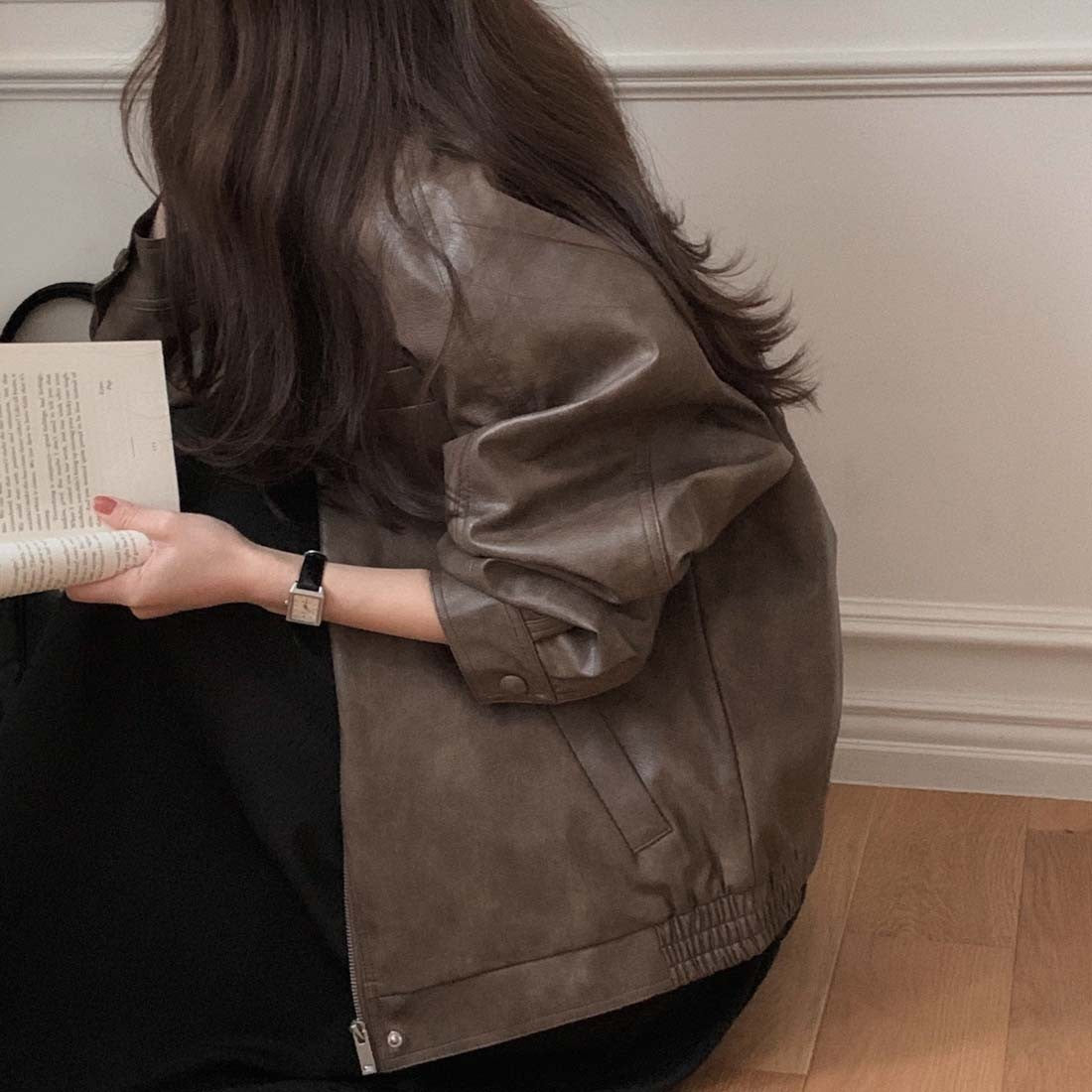 Sli Loose PU Leather Jaet Women's Chic Retro Collar Versatile BF Sle Motorcycle Clothes Trendy Long Sve Zipper