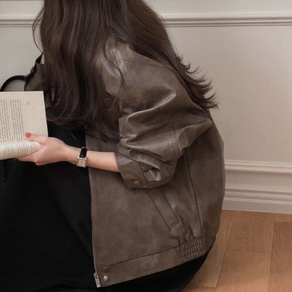 Sli Loose PU Leather Jaet Women's Chic Retro Collar Versatile BF Sle Motorcycle Clothes Trendy Long Sve Zipper