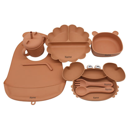 Free Name Printing Children's Tableware Set: Bib, Plate, Cup, Fork & Spoon. Silicone Material. Personalized Gift.