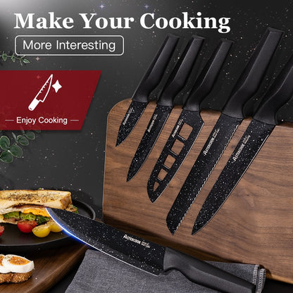 Conjunto de facas Astercook de 6 peças, conjunto de facas de cozinha estreladas com protetores de lâmina, laváveis na lava-louças, aço inoxidável alemão de alto carbono
