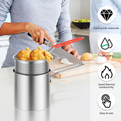 Deep Fryer with Strainer Basket and Handle Stainless Steel Fry Pot Food Grade Outdoor Fryer with Lid Portable Food Cooking Pot