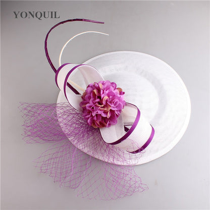 Novo Design Amarelo Com Cabelo Roxo Fascinator Chapéu Tiara Nupcial Casamento Festa Adereço de Cabelo Malha Senhoras Ocasião Acessórios de Cabelo