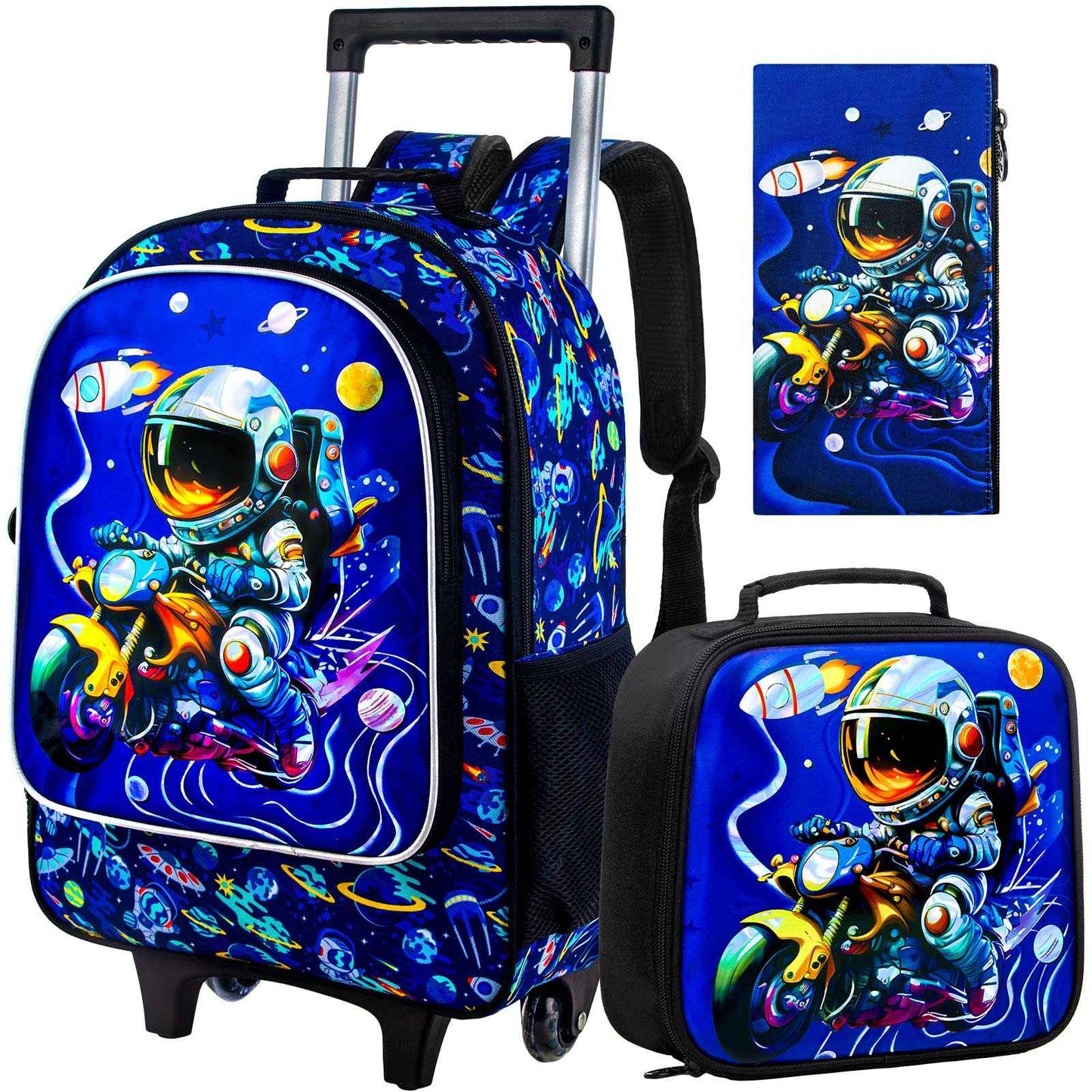 3PCS Astronaut Rolling Backpack for Boys, Kids School Backpacks with Wheels,  UV Printed Roller Wheeled Bookbag