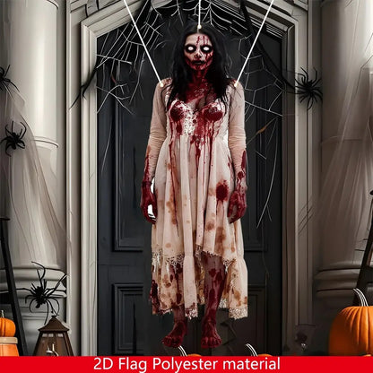 Large Halloween zombie woman Bloody Door banner - Horror party decoration, durable polyester fabric, haunted house, porch, home