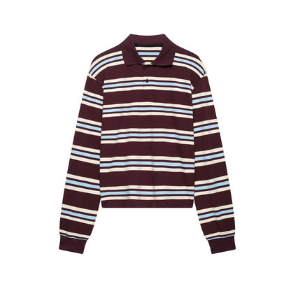 UNIZERA 2025 Women's Long - Sleeve Striped Polo - style Shirts in Burgundy and White with Contrasting Collars for a Casual Look