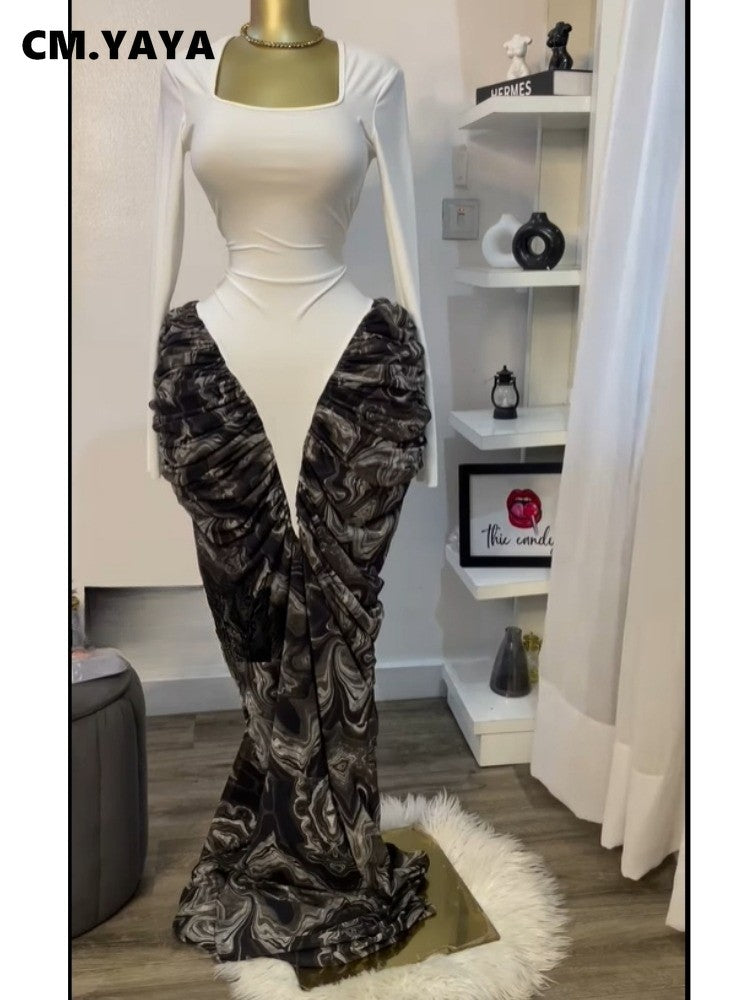 CM.YAYA Women Print Patchwork Stacked Ruched Long Sleeve Bodycon Midi Maxi Long
