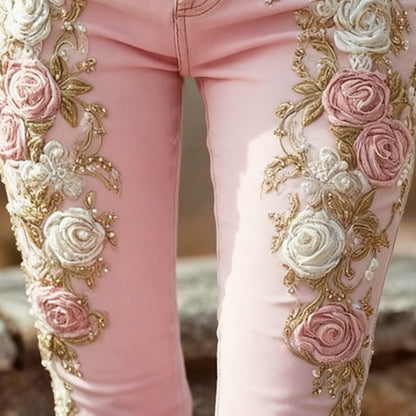 Romantic Pink Rose Flower Print Jeans Vintage Elegant Buttoned Women's Pants Autumn High Waist Slim Chic Trousers Harajuku Mujer