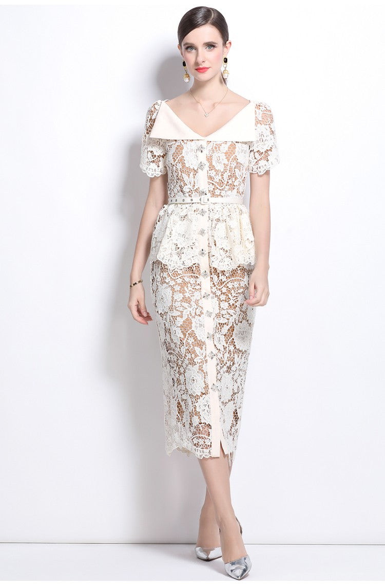 Quality Summer Beaded Diamonds Embroidery Beige White Lace Evening Dress Women S
