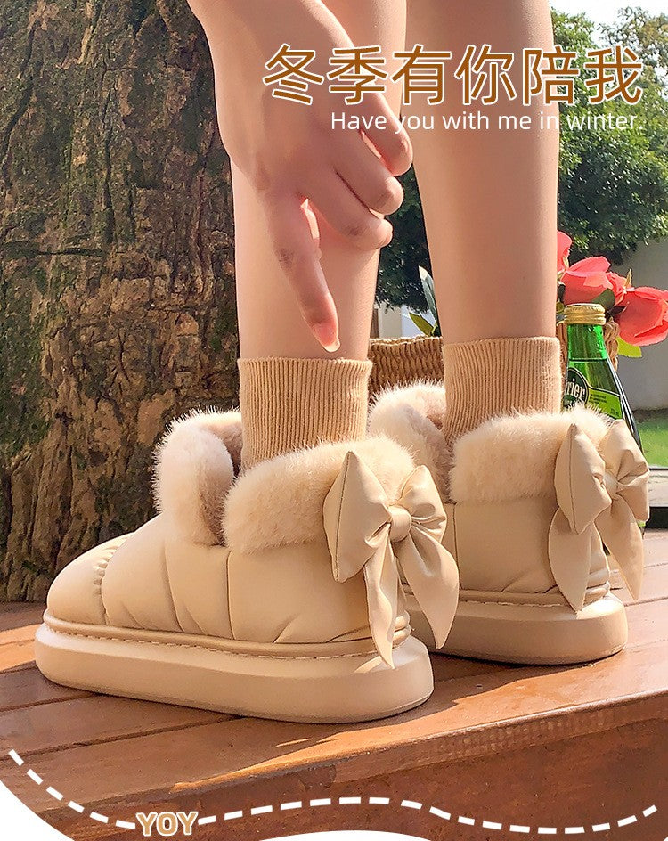 Cute Warm Ankle Boots Winter Women's Bow Warmth Plush Bow Cotton Shoes 2025 New Waterproof Down Cloth Short Barrel Snow Boots