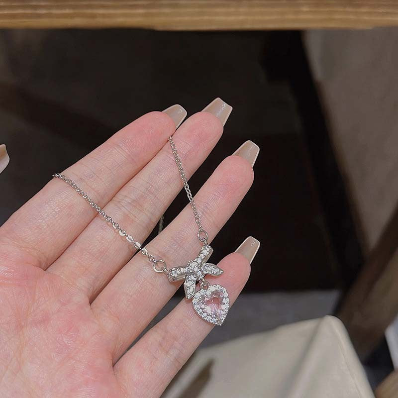 Colar coreano com pingente de laço de coração de cristal rosa, corrente prateada, para mulheres, joias estéticas para casamento