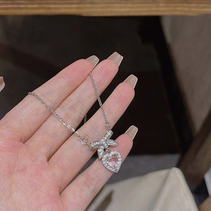 Colar coreano com pingente de laço de coração de cristal rosa, corrente prateada, para mulheres, joias estéticas para casamento
