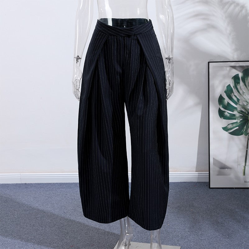 Casual Striped Loose Pants Women High Waist Pleated Straight Long Wide Leg Trousers Female 2025 Fashion Autumn Lady Bottoms