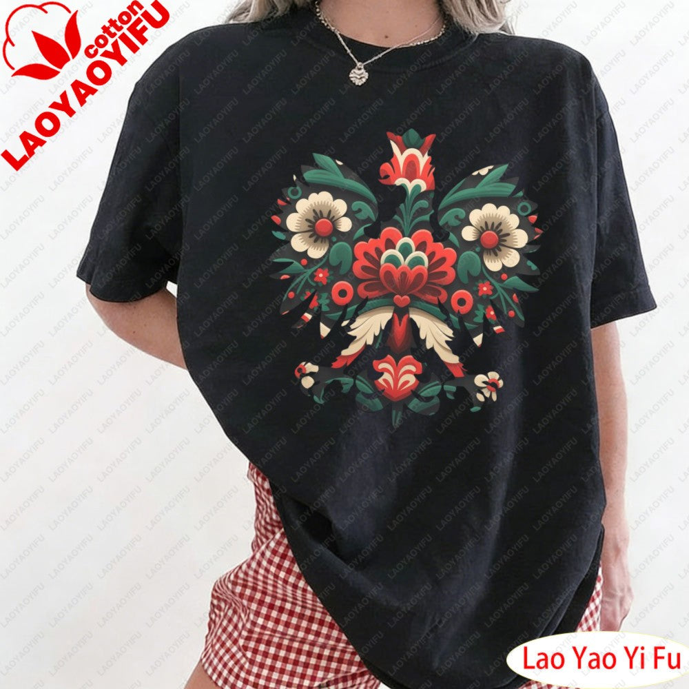 Polish Eagle Shirt Folk Art Christmas Design Clothes Botanical Flowers Tops Summer Women Retro Fashion Graphics Tees