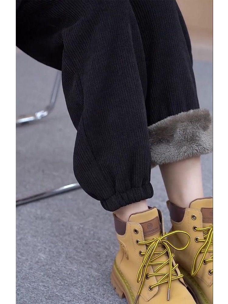 Solid Casual Thicken Women Corduroy Pants Lamb Fleece Padded Cashmere Warm Sweatpants Female Elastic Waist Soft Fur Trousers