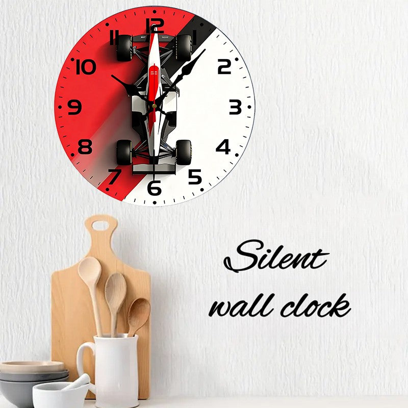 F1 Car Design Wooden Round Silent Hanging Wall Clock, Suitable For Living Room, Office, Study Room, Bedroom, Home Decoration