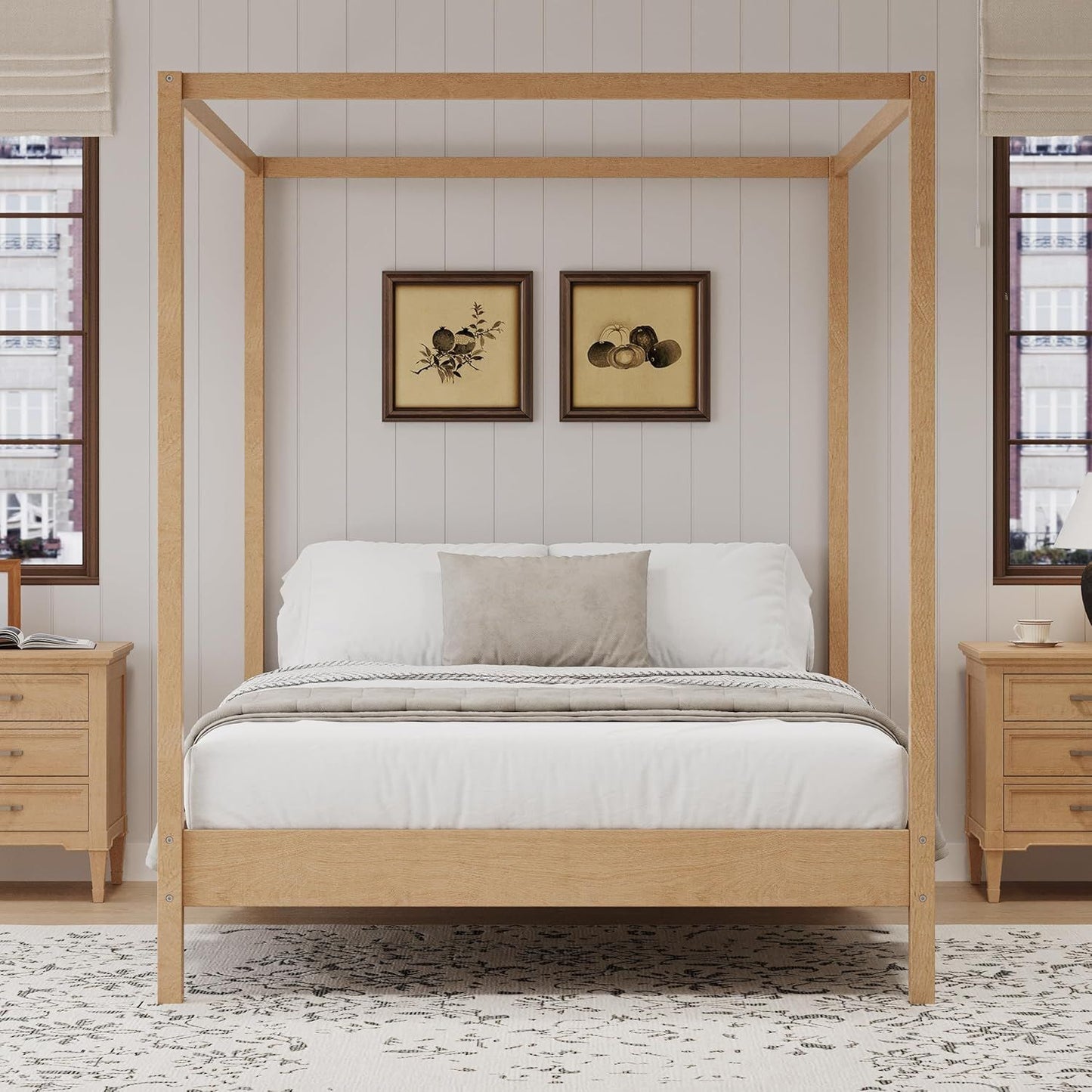 Estrutura de Cama Queen Size com Dossel, Cama Plataforma com Quatro Colunas e Suporte de Ripas, Madeira Maciça de Pinus e Engenheirada, Sem Necessidade de Box Spring N