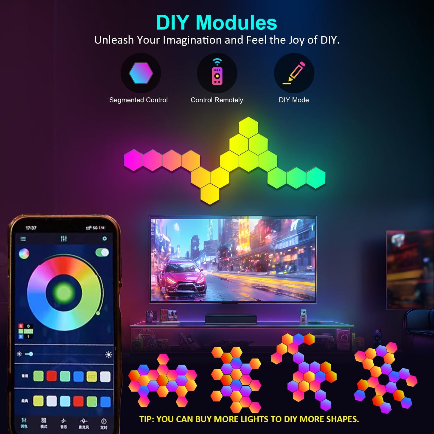 Hexagon Wall Lights, Smart LED Light Panels with App & Remote, DIY Room Decor for Autism, Game Room Decor, Party, Gifts, 12 Pack