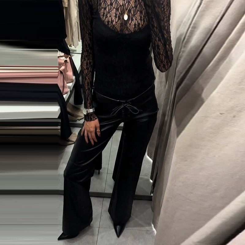 Elegant Women's Bandage PU Leather Trousers Black Low Waist Slim Straight Flare Pants 2025 Autumn Winter Lady Chic Y2k Pant New