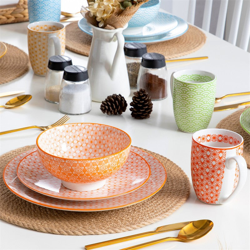 16Pieces Porcelain Multi-Colour Japanese-style Dinnerware Set with 4*Dinner Plate,Dessert Plate,Bowl,Mug Ceramic Tableware Set