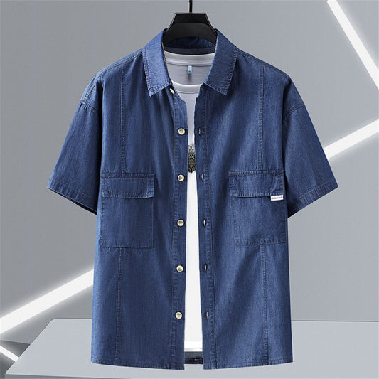 Summer Denim Shirt Men Short Sleeve Denim Shirts Jackets Male Plus Size 10XL Jean Shirts Blue Solid Color Tops Summer