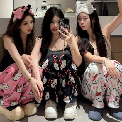 Anime Stitch Plush Pajama Pants Sanrio Kawaii Hello Kitty Cute Women Winter Warm Student Sleeping Pants Loose Casual Home Pants