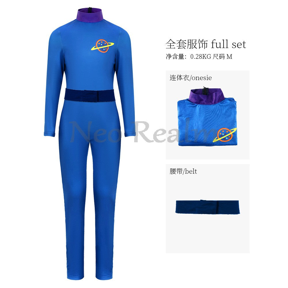 Anime Blue Three-Eyed Monster Cosplay Bodysuit with Planet Badges Halloween Stage Performance Outfit In Stock
