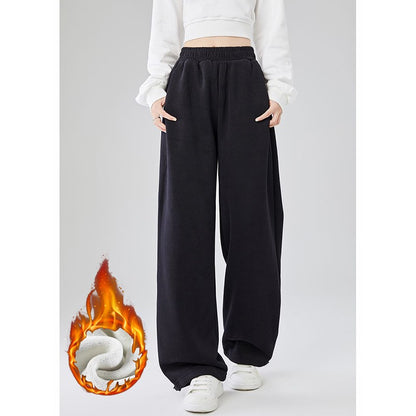 Winter Lady Snow Warm Thin Straight Leg Pants Girls Classic Daily Plush Trousers Women High Waist Thermal Fleece Pants