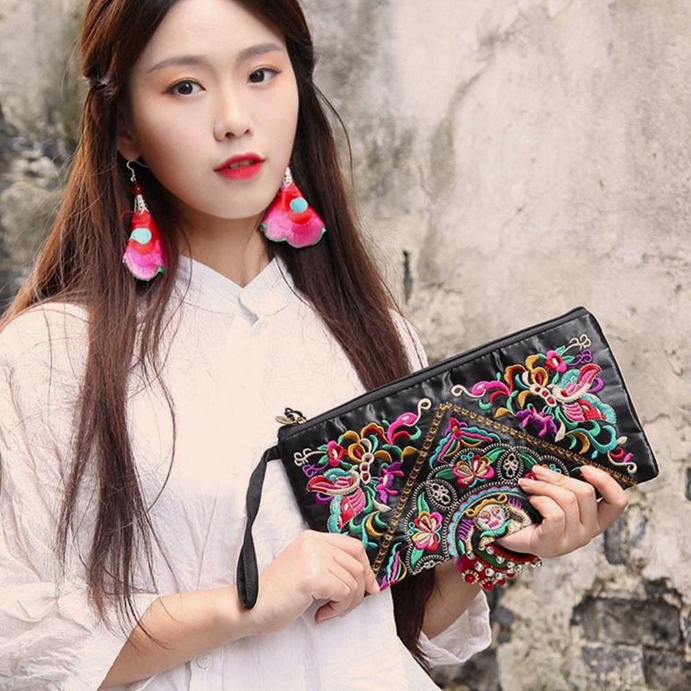 Ethnic Embroidered Small Flap Women  Handbag Coin Purse Lady Clutch Butterfly Flower Bags