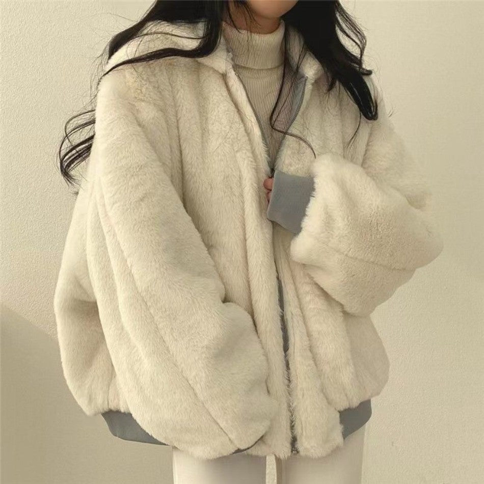 Korean Fleece-Lined Thickened Reversible Lambswool Cotton Jacket Women's Autumn Winter New Zipper Hooded Cotton Coat Top
