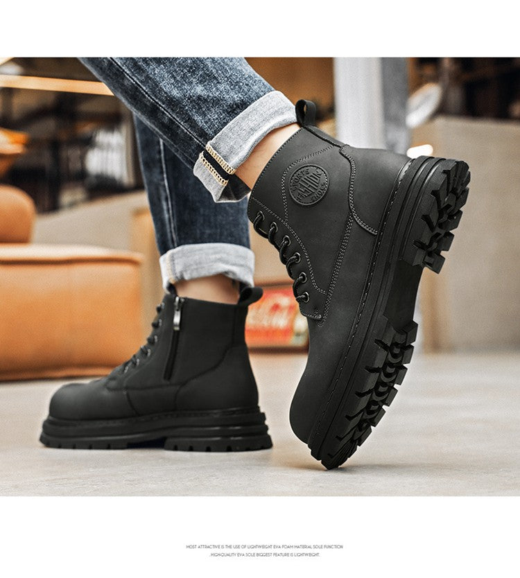 New winter men's shoes rain boots motorcycle leather shoes plush warm outdoor leisure high-top lace-up women's boots