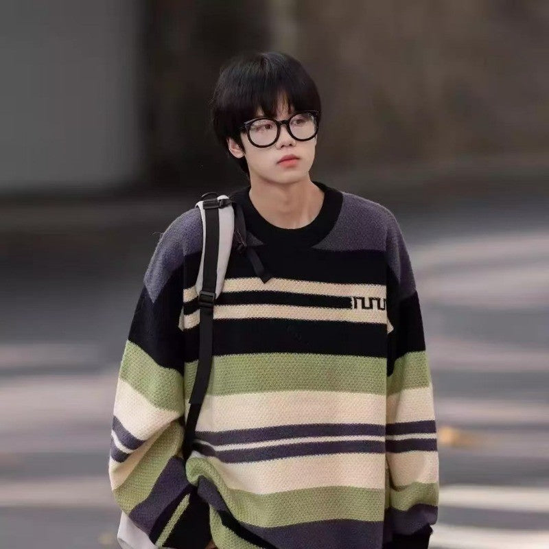 Simple Versatile Trendy Men's Crew Neck Sweater Contrasting Stripes Casual Loose Neutral Style Pullover