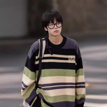 Simple Versatile Trendy Men's Crew Neck Sweater Contrasting Stripes Casual Loose Neutral Style Pullover