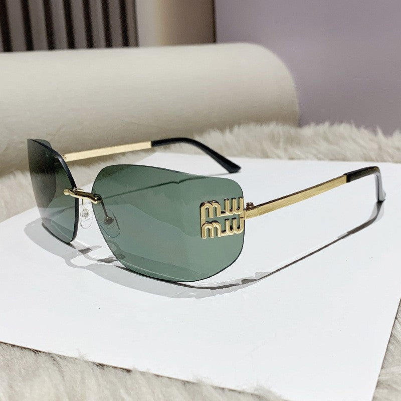 1pc Classic Sun Glasses Female Funky Metal Luxury Rimless Sunglasses Women BrandDesigner Rivets Rectangle Gradient Curved Shades