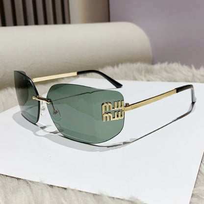 1pc Classic Sun Glasses Female Funky Metal Luxury Rimless Sunglasses Women BrandDesigner Rivets Rectangle Gradient Curved Shades