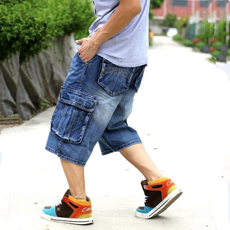 ABOORUN Mens Plus Size Loose Baggy Denim Shorts Fashion Streetwear Hip Hop Skateboard Cargo Jeans Short for Male R1402