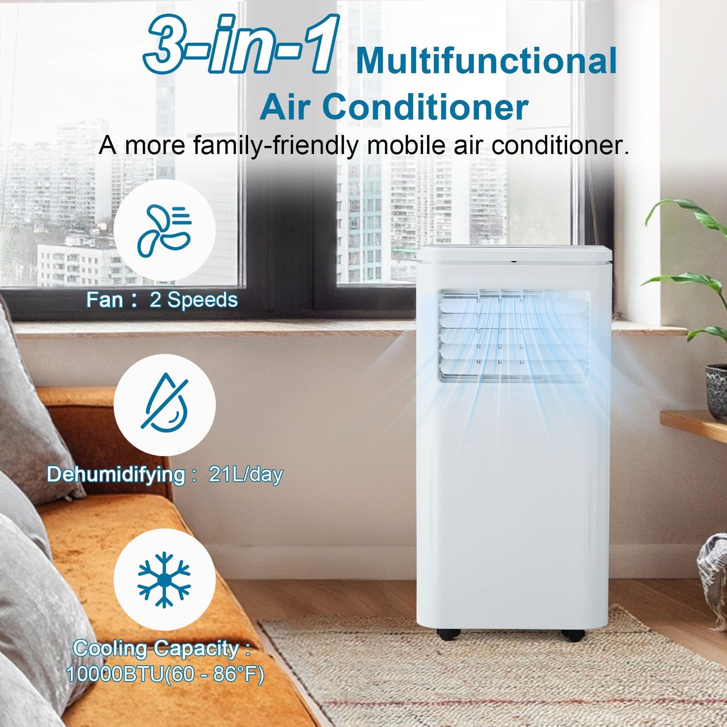 Ar Condicionado Portátil 10000 BTU 3 em 1 com Ventilador e Desumidificador Controle Remoto Display LCD, Timer 24H